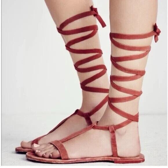 Free People Sandals 7.5 Red Leather Dahlia Gladiator Lace Up Shoes - Picture 1 of 8